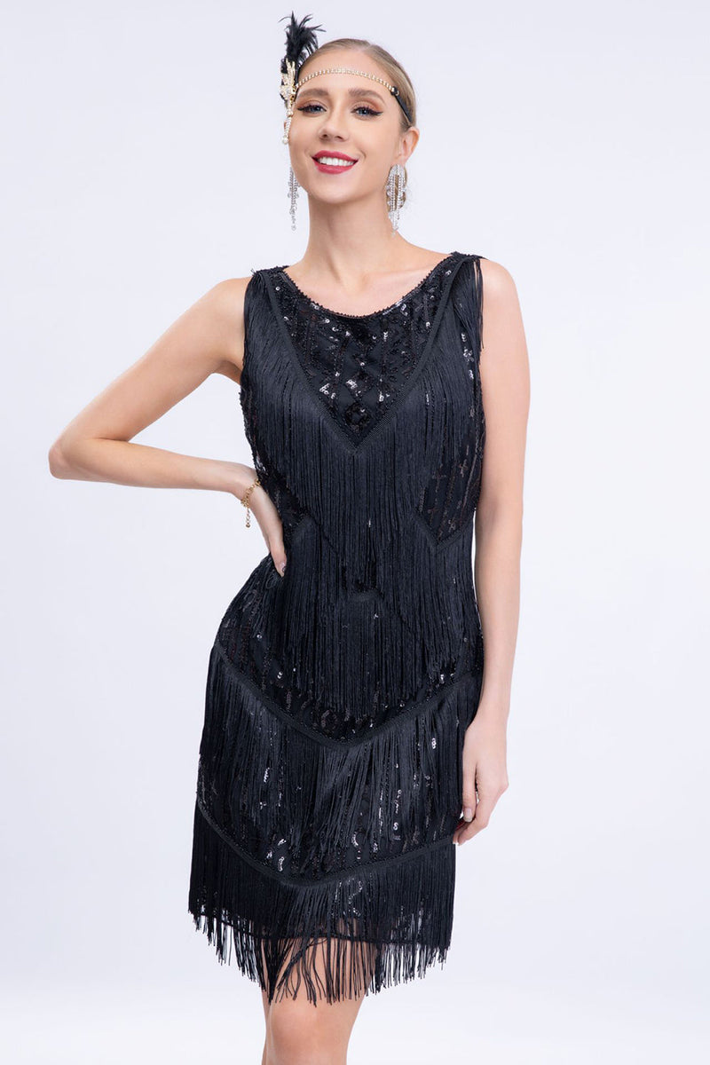 Load image into Gallery viewer, Black Fringed 1920s Gatsby Dress with Sequins