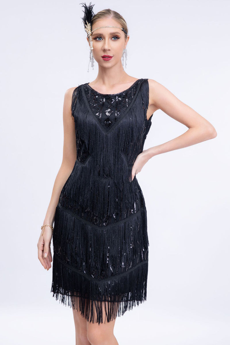 Load image into Gallery viewer, Black Fringed 1920s Gatsby Dress with Sequins