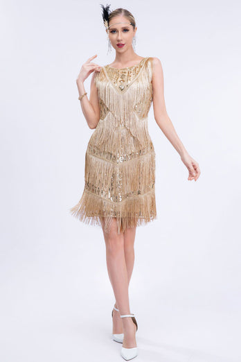 Black Fringed 1920s Gatsby Dress with Sequins