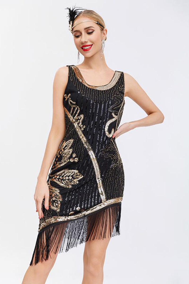 Load image into Gallery viewer, Beaded Black 1920s Dress with Fringes