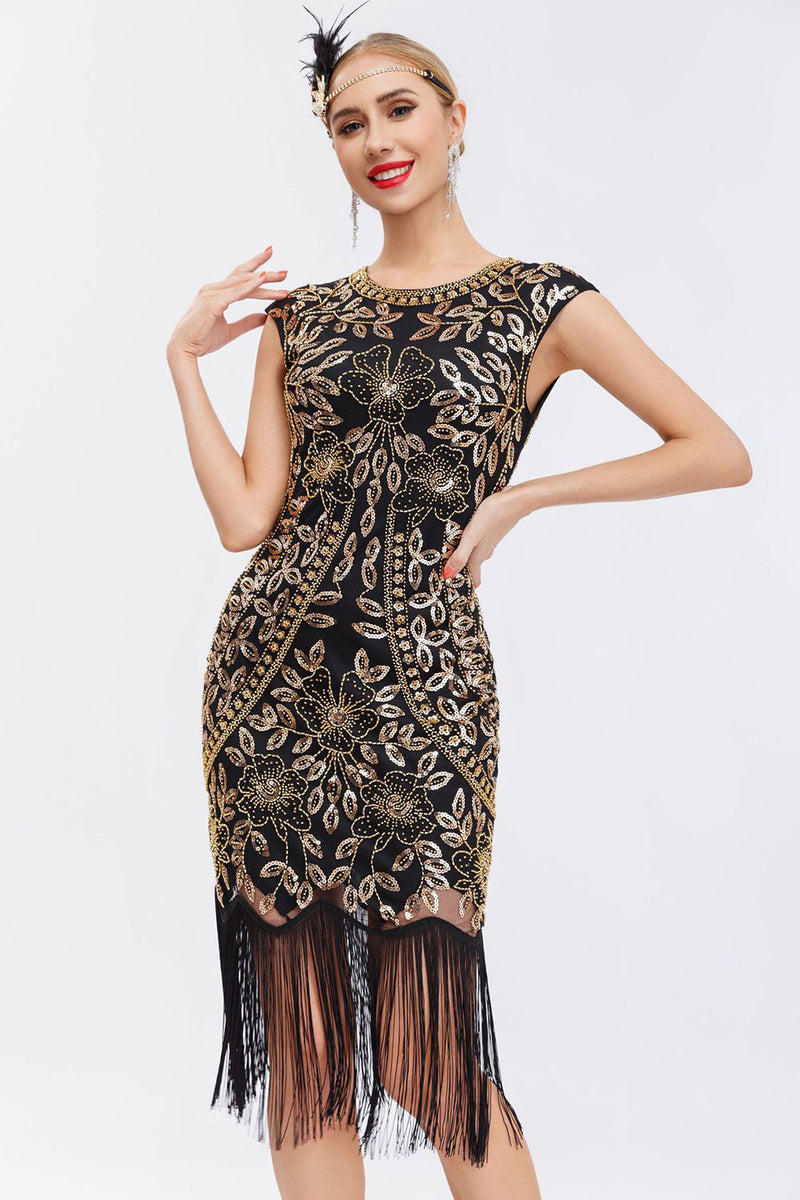 Load image into Gallery viewer, Black Sequins 1920s Gatsby Dress with Fringes