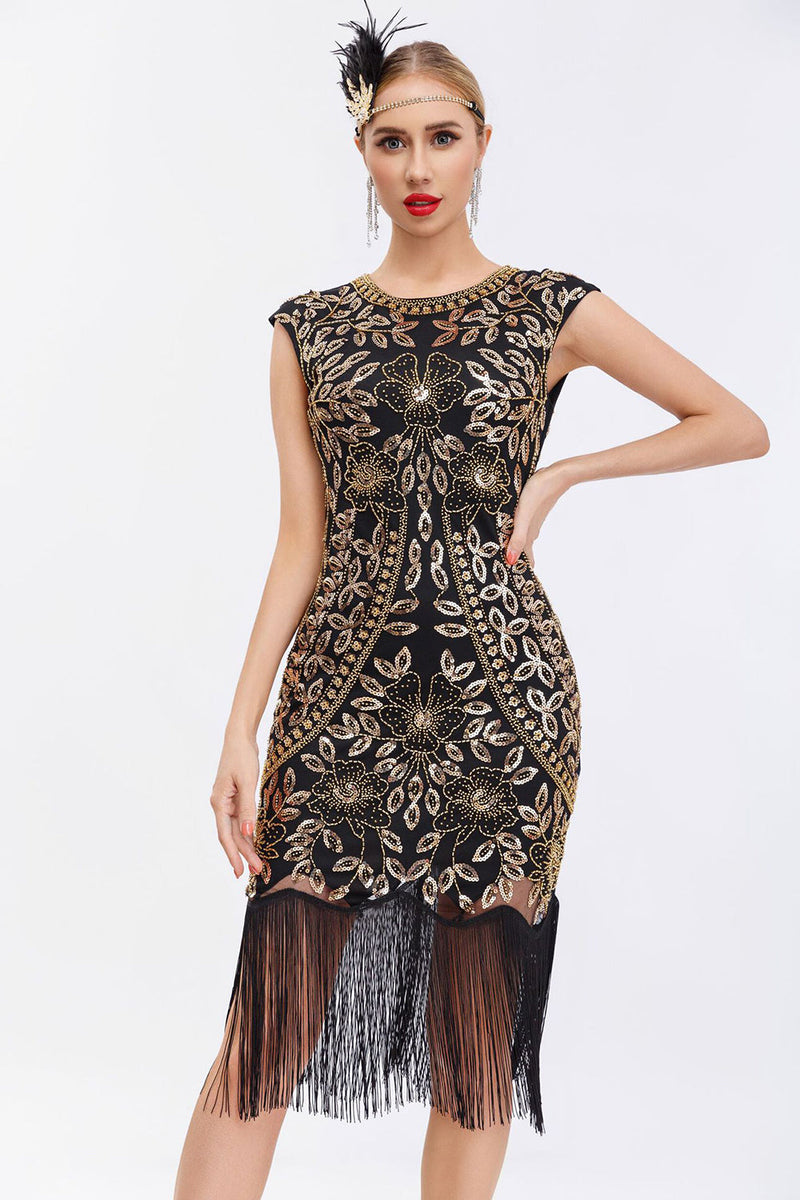 Load image into Gallery viewer, Black Sequins 1920s Gatsby Dress with Fringes