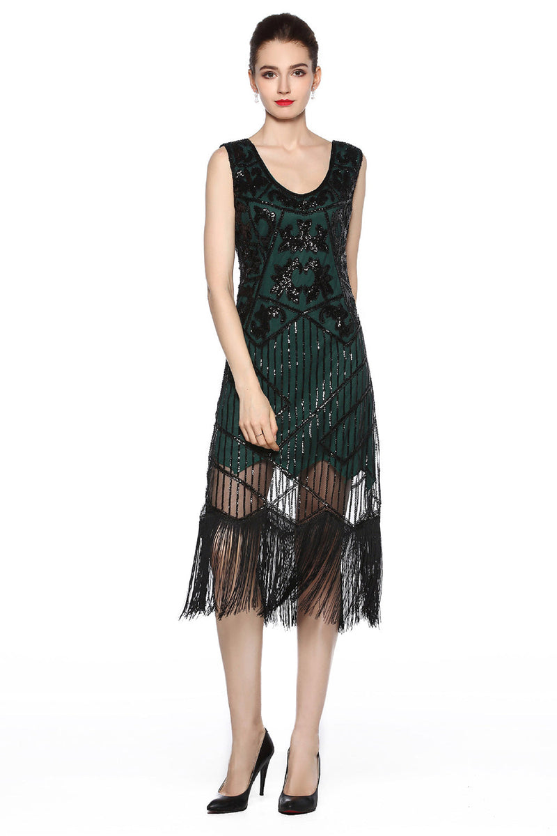 Load image into Gallery viewer, Sparkly Black Golden Fringed Flapper Dress