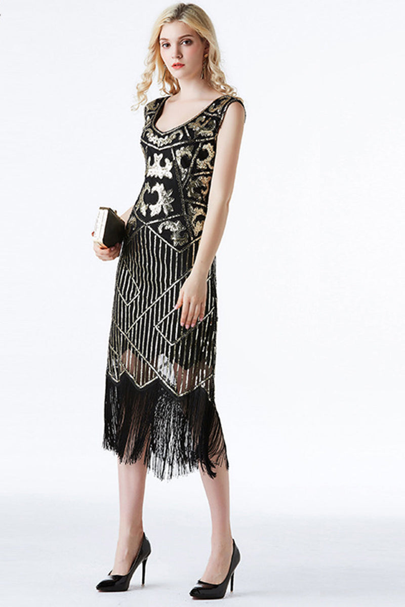 Load image into Gallery viewer, Sparkly Black Golden Fringed Flapper Dress