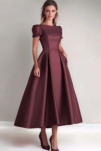 Fuchsia A Line Puff Sleeves Satin Mother of the Bride Dress