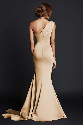 Elegant Khaki One Shouder Mermaid Ruched Long Satin Formal Dress