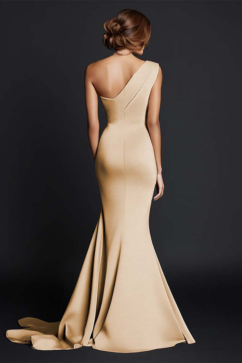 Load image into Gallery viewer, Elegant Khaki One Shouder Mermaid Ruched Long Satin Formal Dress