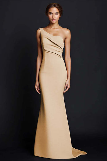 Elegant Khaki One Shouder Mermaid Ruched Long Satin Formal Dress