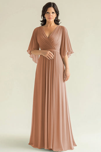 Agave V-Neck A Line Pleated Mother of the Bride Dress