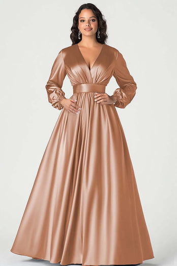 Grey Satin V-Neck Mother of the Bride Dress with Long Sleeves