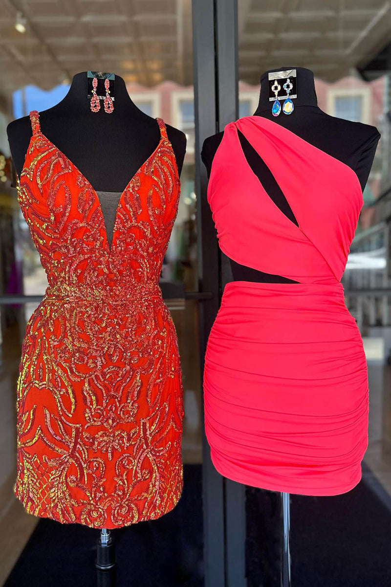 Load image into Gallery viewer, Coral One Shoulder Bodycon Cut Out Tight Homecoming Dress