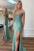 Load image into Gallery viewer, Sparkly Green Off The Shoulder Mermaid Corset Long Prom Dress with Slit