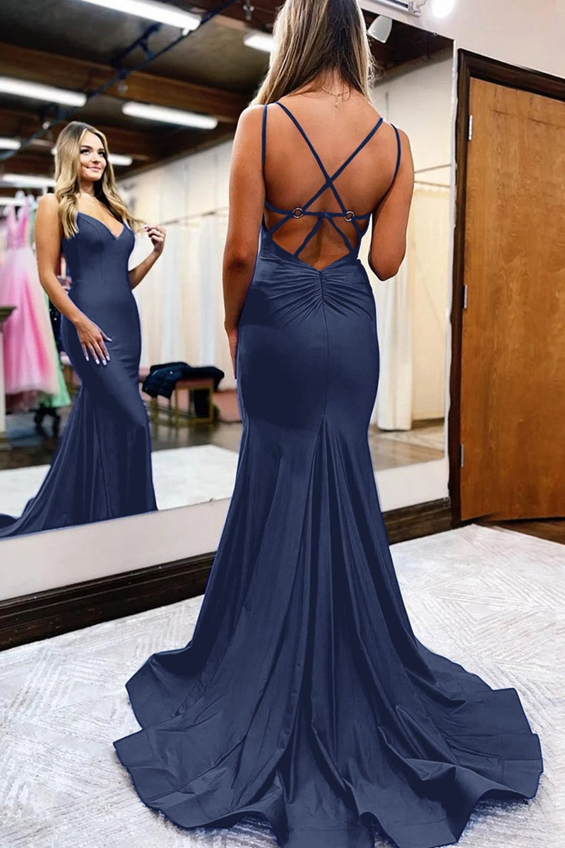 Load image into Gallery viewer, Black Spaghetti Straps Simple Mermaid Prom Dress