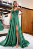 Load image into Gallery viewer, Dark Green Satin A-Line Appliques Prom Dress with Slit