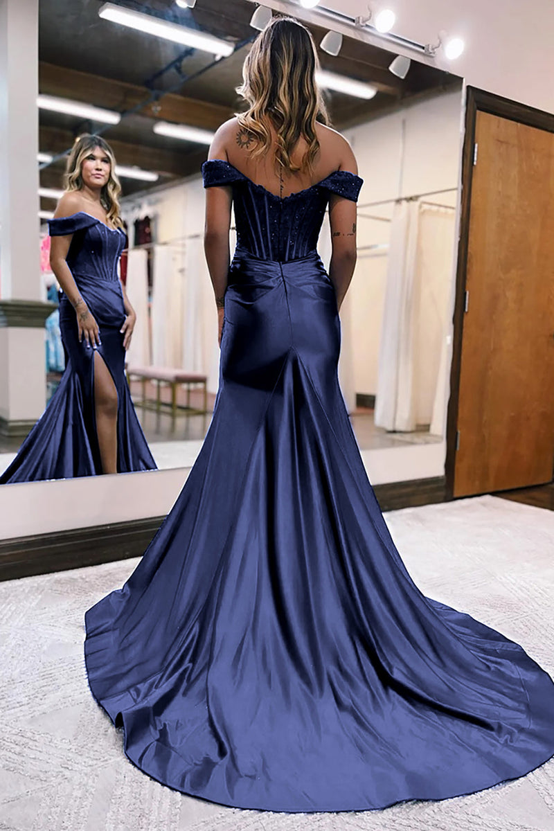 Load image into Gallery viewer, Mermaid Off The Shoulder Court Train Lilac Long Prom Dress With Split