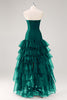 Load image into Gallery viewer, Elegant Dark Green Strapless Tiered Long Tulle Formal Dress