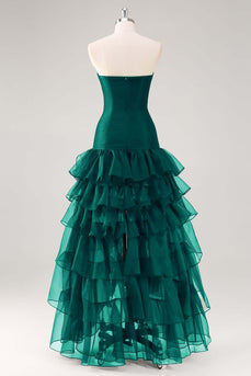 Elegant Dark Green Strapless Tiered Long Tulle Formal Dress