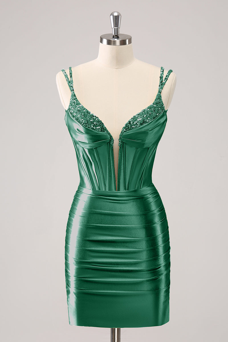 Load image into Gallery viewer, Dark Green Spaghetti Straps Tight Homecoming Dress with Sequins