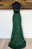 Load image into Gallery viewer, Sheath Spaghetti Straps Dark Green Sequins Prom Dress with Split Front