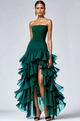 Elegant Dark Green Strapless Tiered Long Tulle Formal Dress