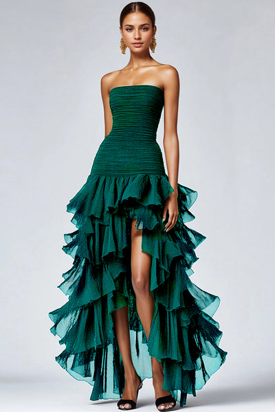 Elegant Dark Green Strapless Tiered Long Tulle Formal Dress