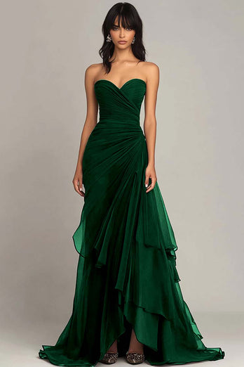 Sweetheart Dark Green Sheath Chiffon Tiered Long Formal Dress