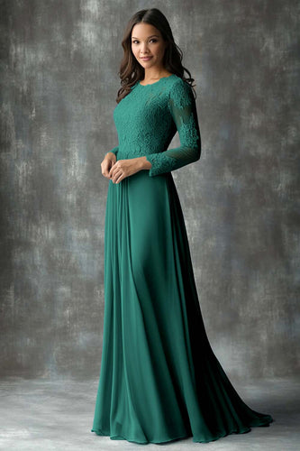 Dark Green Floral Pleated Mother of the Bride Dress with Lace