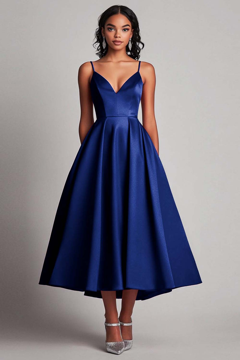 Load image into Gallery viewer, Modest Dark Navy Spaghetti Straps Asymmetrical Long Formal Dress