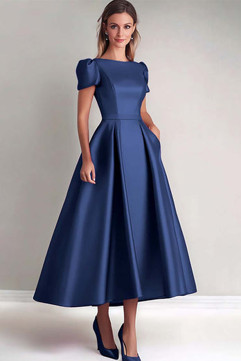 Dusk A Line Puff Sleeves Satin Mother of the Bride Dress