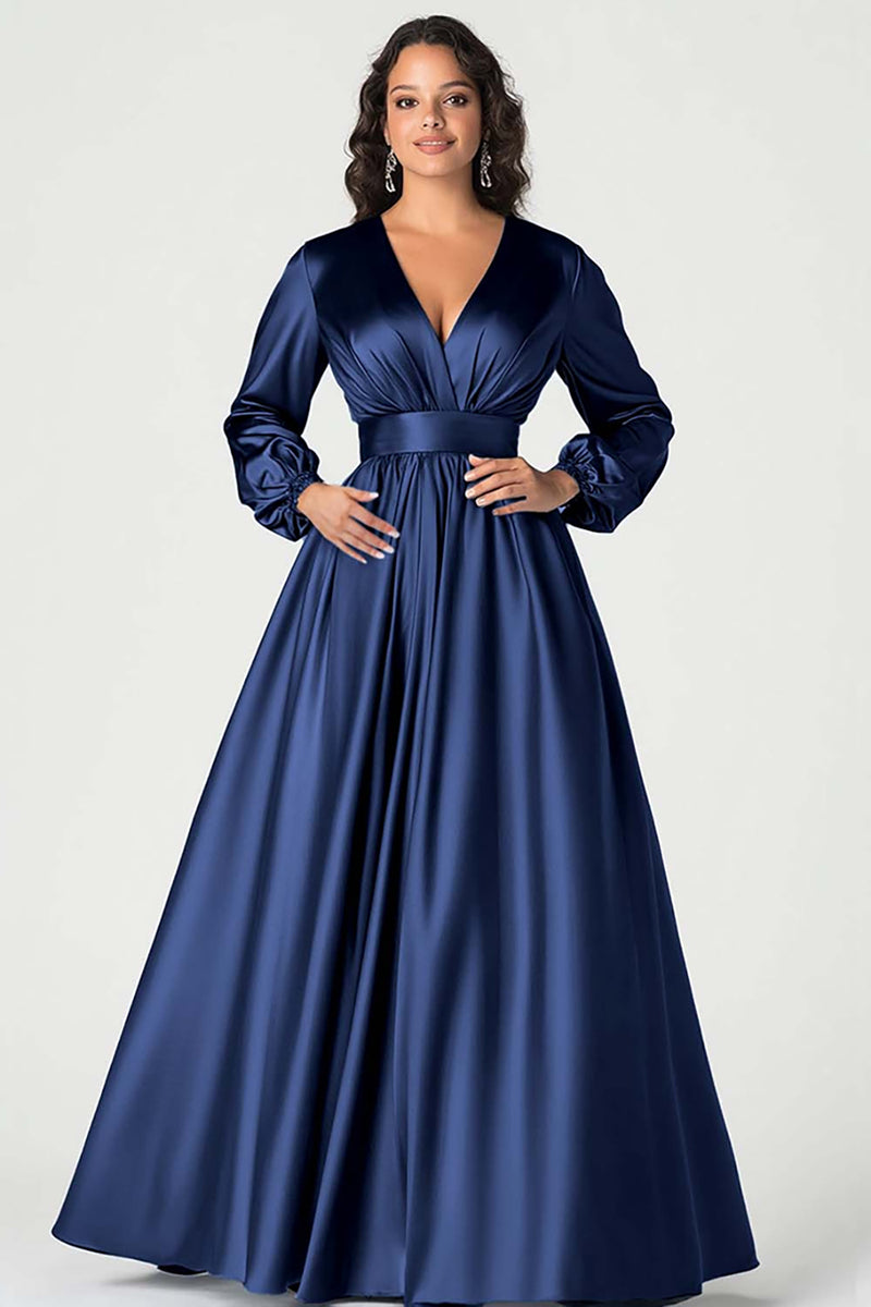 Load image into Gallery viewer, Dark Navy Satin V-Neck Mother of the Bride Dress with Long Sleeves