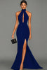 Load image into Gallery viewer, Black Mermaid High Neck Keyhole Satin Long Formal Dress with Slit