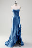 Load image into Gallery viewer, Sparkly Grey Blue Corset Long Satin Prom Dress with Ruffles Slit