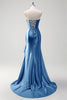 Load image into Gallery viewer, Sparkly Grey Blue Corset Long Satin Prom Dress with Ruffles Slit