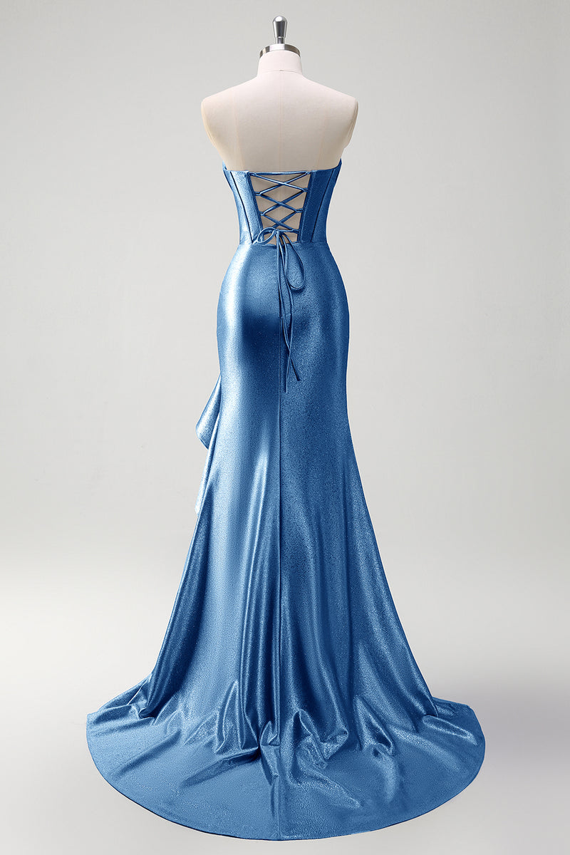 Load image into Gallery viewer, Sparkly Grey Blue Corset Long Satin Prom Dress with Ruffles Slit