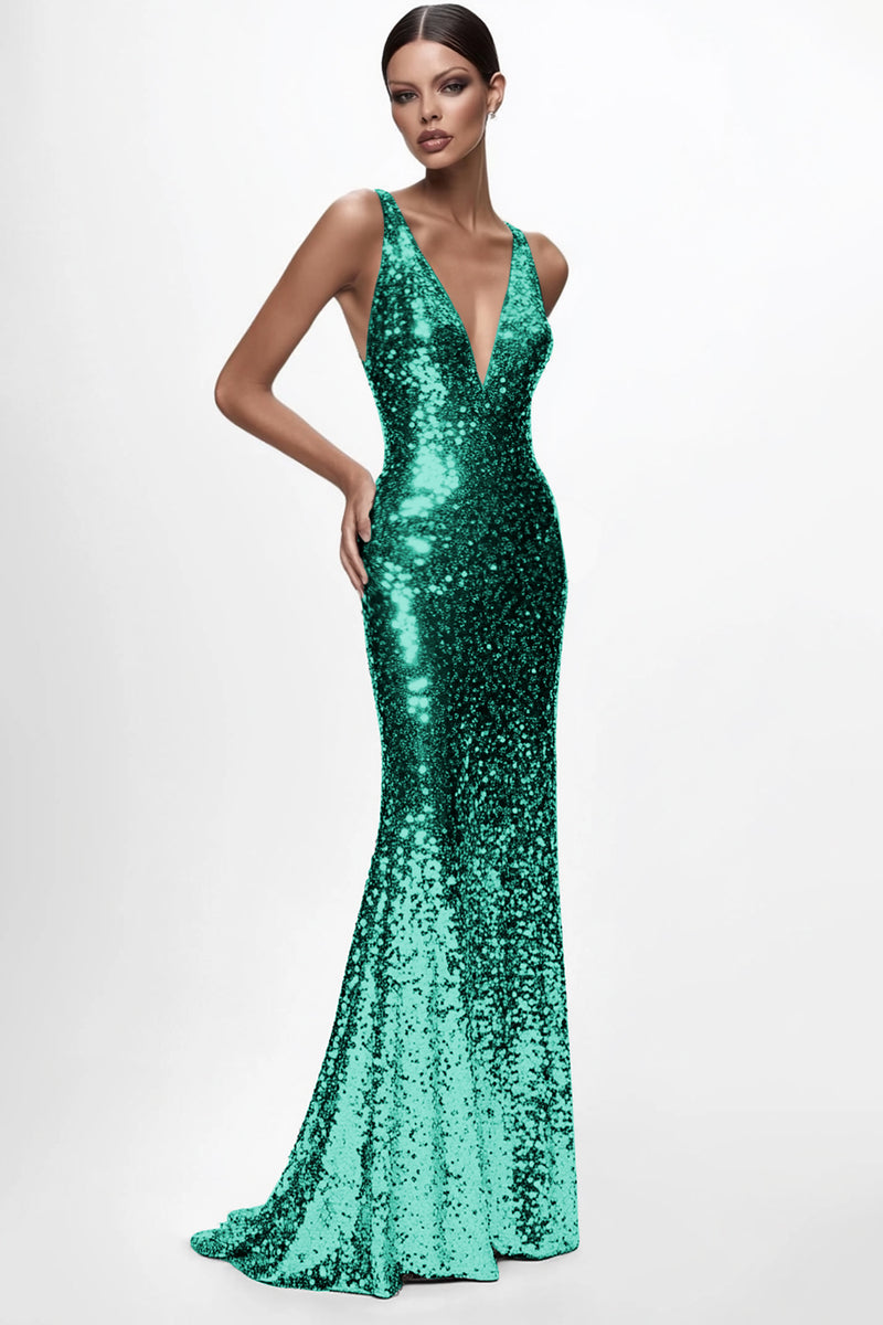 Load image into Gallery viewer, Sparkly Silver Sequin Sheath V-Neck Long Formal Dress