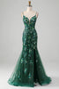 Load image into Gallery viewer, Dark Green Mermaid Spaghetti Straps Appliqued Long Prom Dress With Slit