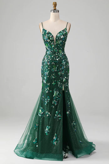 Dark Green Mermaid Spaghetti Straps Appliqued Long Prom Dress With Slit