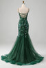 Load image into Gallery viewer, Dark Green Mermaid Spaghetti Straps Appliqued Long Prom Dress With Slit