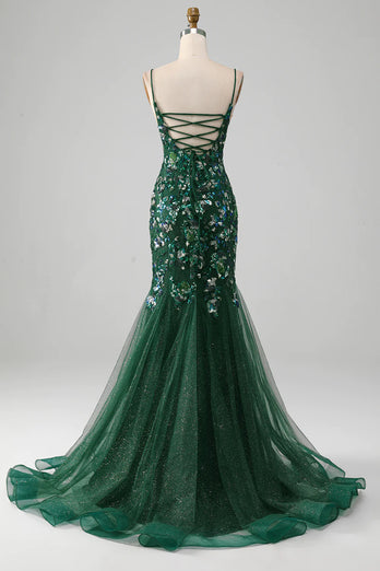 Dark Green Mermaid Spaghetti Straps Appliqued Long Prom Dress With Slit