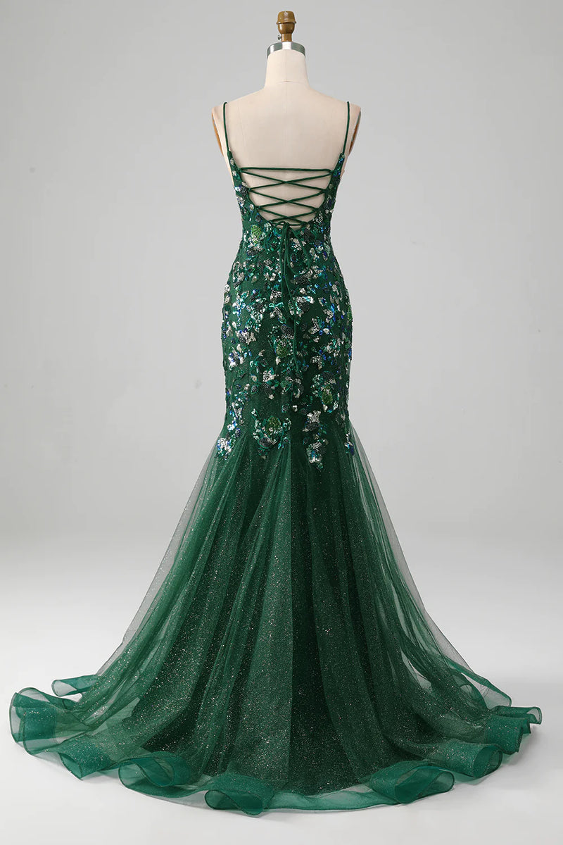 Load image into Gallery viewer, Dark Green Mermaid Spaghetti Straps Appliqued Long Prom Dress With Slit