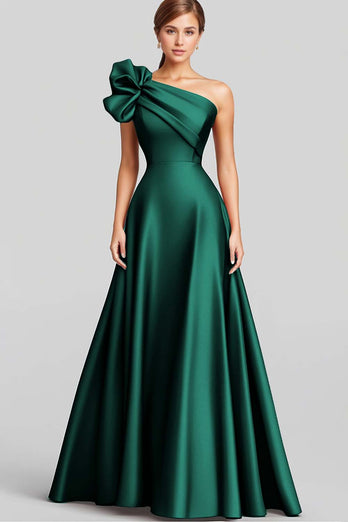 Navy One Shoulder A Line Satin Long Formal Dress