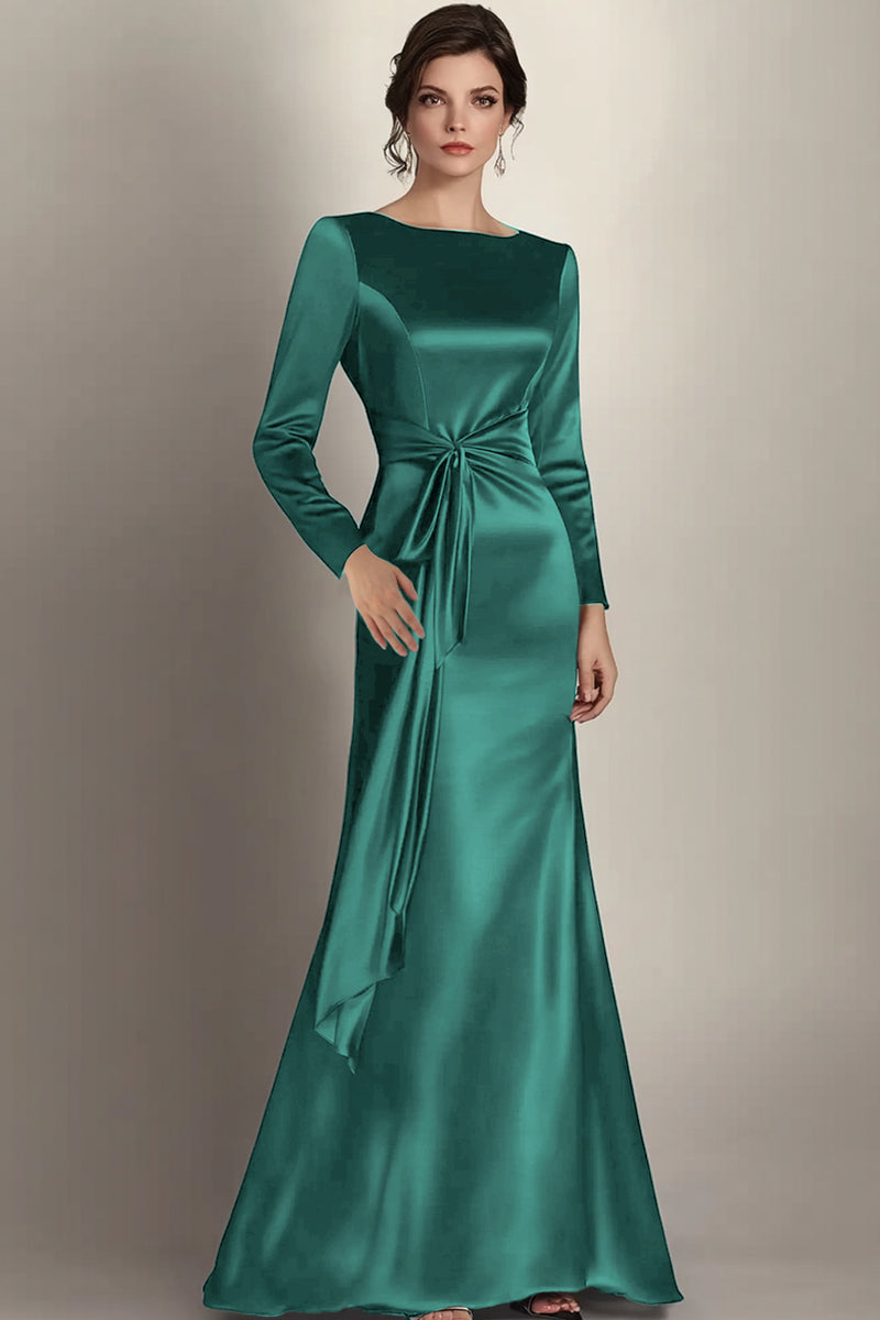 Load image into Gallery viewer, Black Satin Sheath Long Sleeves Mother of the Bride Dress with Side Waist