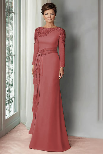 Elegant Blush Satin Sheath Mother of the Bride Dress with Long Sleeves