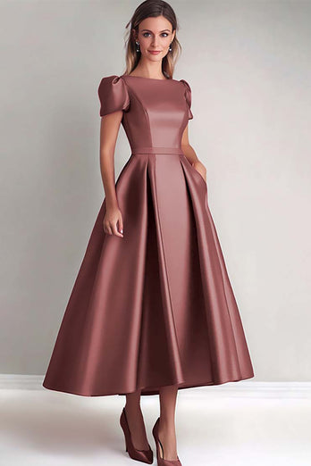 Dusk A Line Puff Sleeves Satin Mother of the Bride Dress