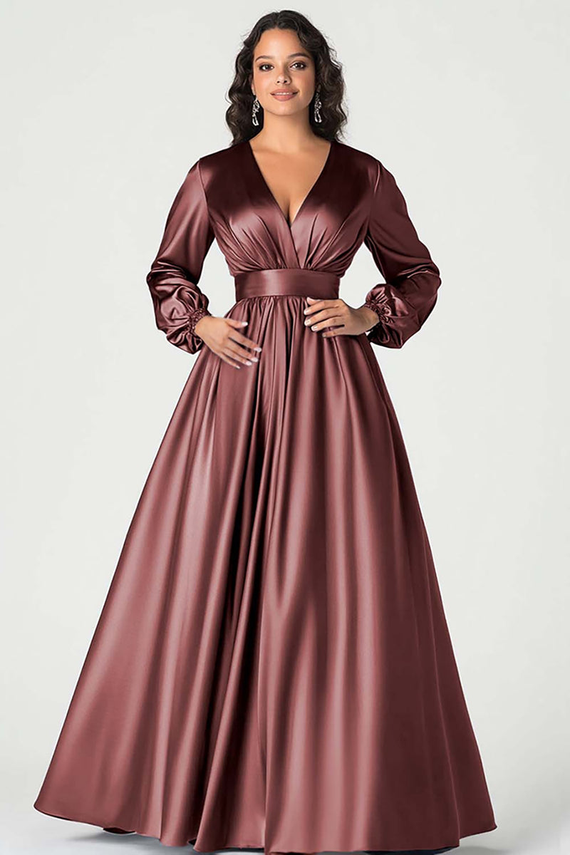 Load image into Gallery viewer, Dark Navy Satin V-Neck Mother of the Bride Dress with Long Sleeves