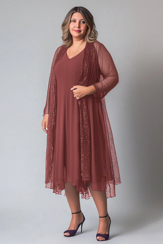 Desert Rose Sparkly V-Neck Tea Length Mother of the Bride Dress