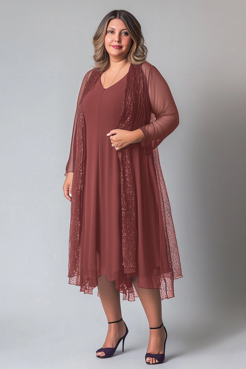 Load image into Gallery viewer, Desert Rose Sparkly V-Neck Tea Length Mother of the Bride Dress