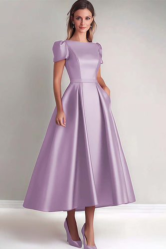 Dusk A Line Puff Sleeves Satin Mother of the Bride Dress