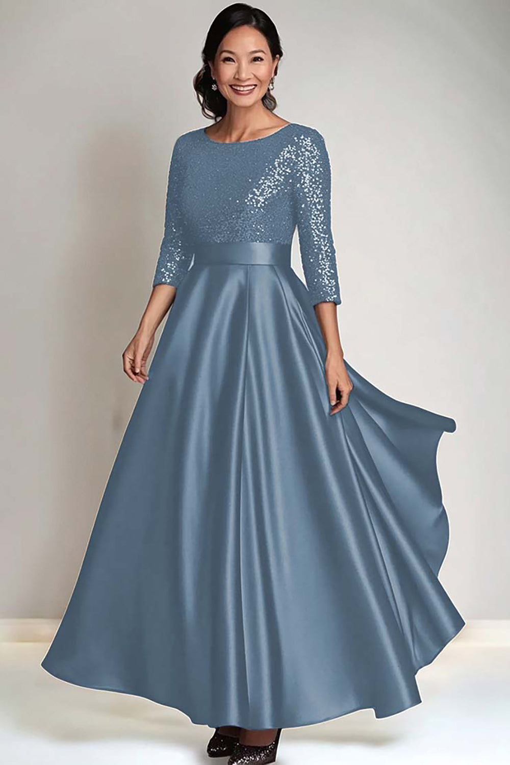 Dusty Blue Sparkly Scoop Satin Mother of the Bride Dress with Sequins