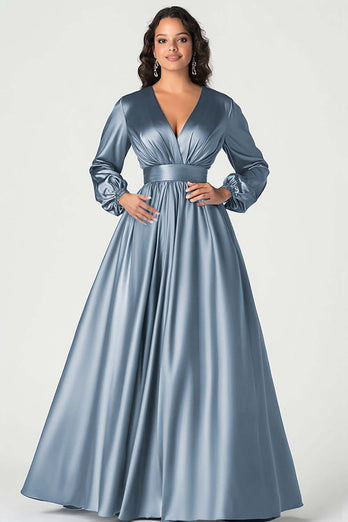 Dark Navy Satin V-Neck Mother of the Bride Dress with Long Sleeves